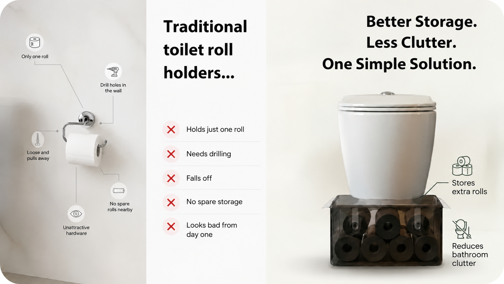 Traditional toilet roll holder compared with one simple storage, stool and dispenser solution