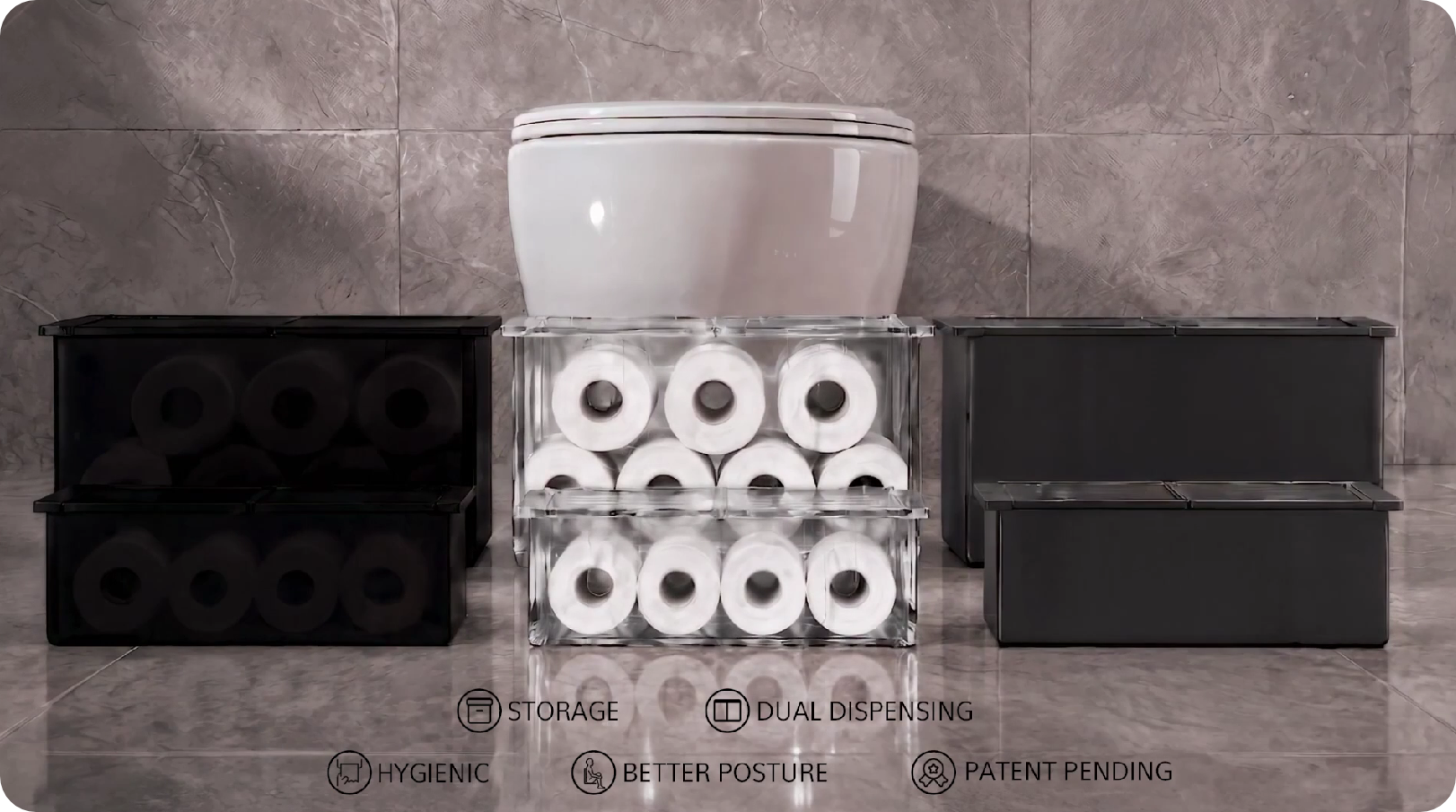 Squat n’ Roll product overview showing storage, dual dispensing, hygiene and posture features